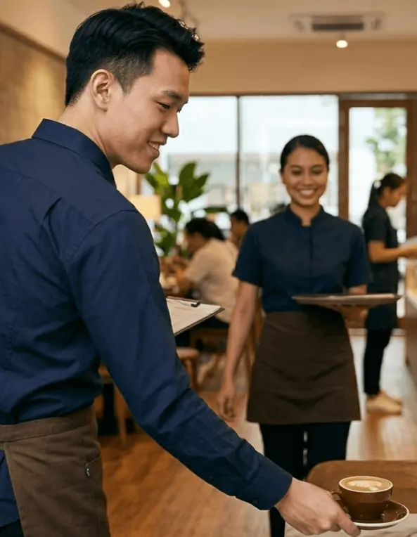 Café server in a custom F&B uniform