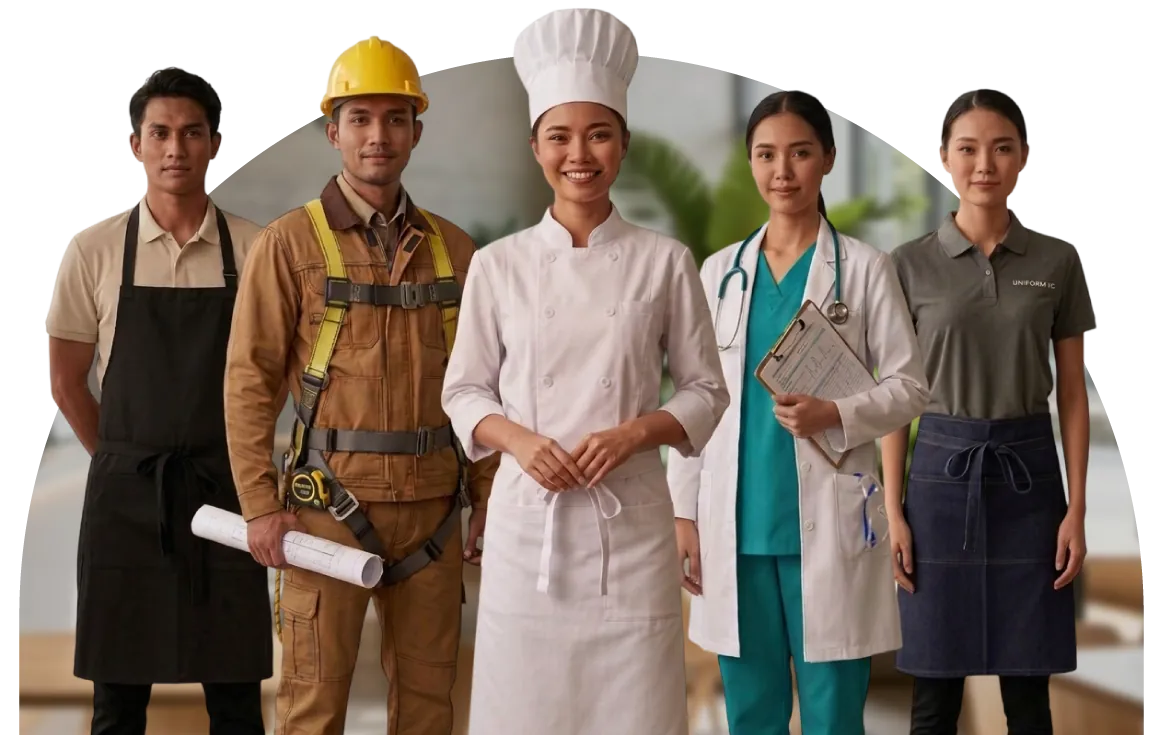 Staff in F&B, construction, chef, medical and retail uniforms