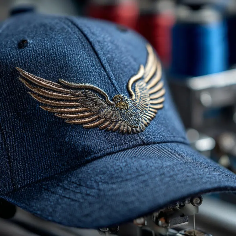 Embroidered winged logo on a denim cap