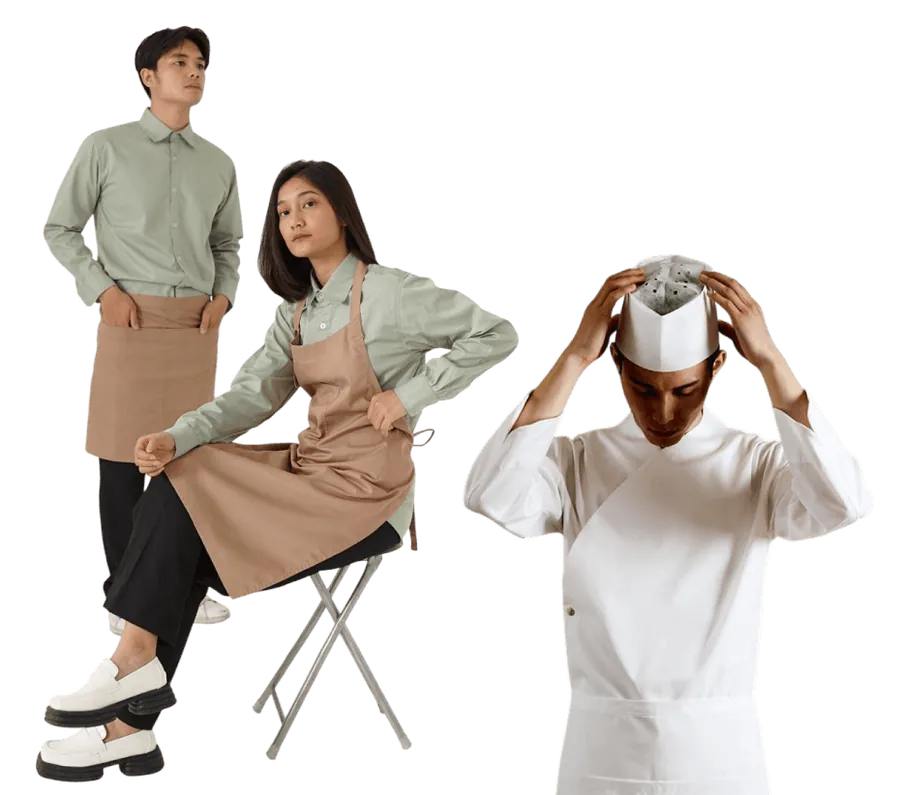Café and kitchen staff in F&B uniforms