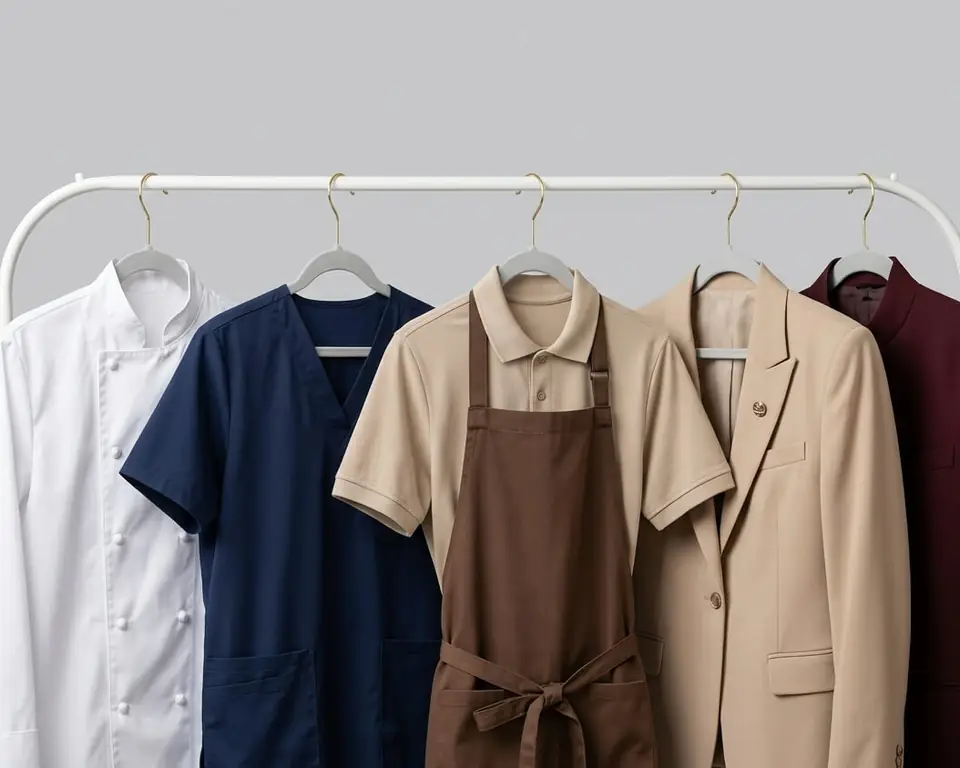 Ready-stock chef jacket, scrub top, apron and blazer on a rail