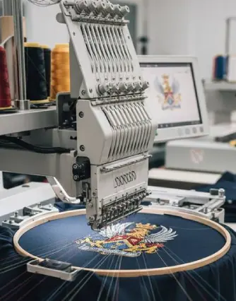 Embroidery machine stitching a logo
